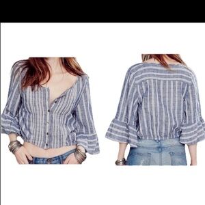 Free People Bell Sleeve Stripe Linen Blend Crop Top Womens XS Blue Boho Artsy